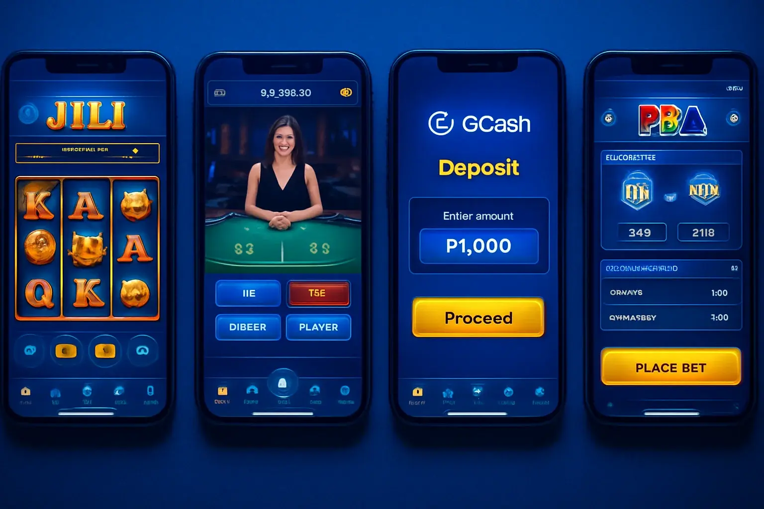 Android screens showing Philippine casino app with slots, baccarat, GCash, sports betting