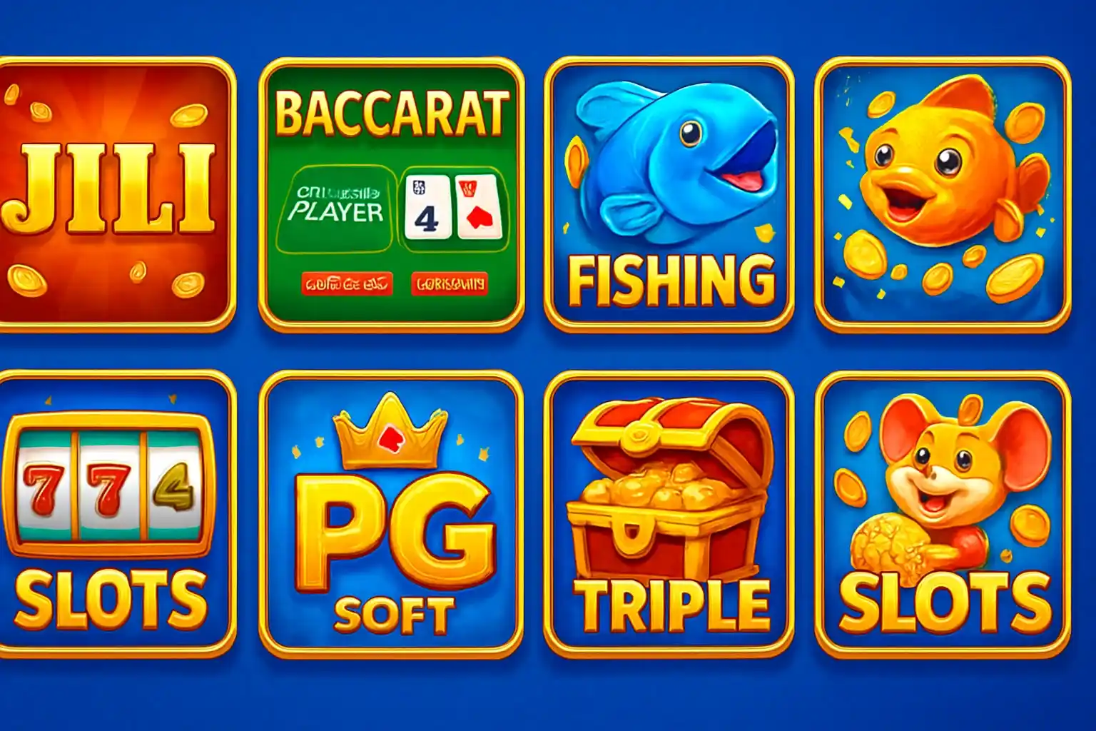 Colorful grid of Philippine casino game thumbnails with blue and gold UI
