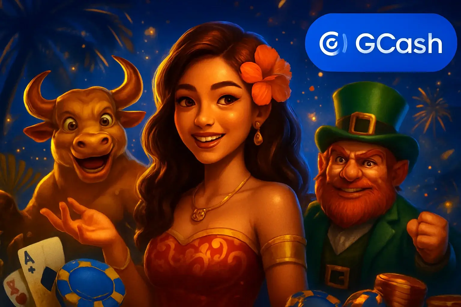 Vibrant Philippine online casino hero banner with JILI characters and GCash badge