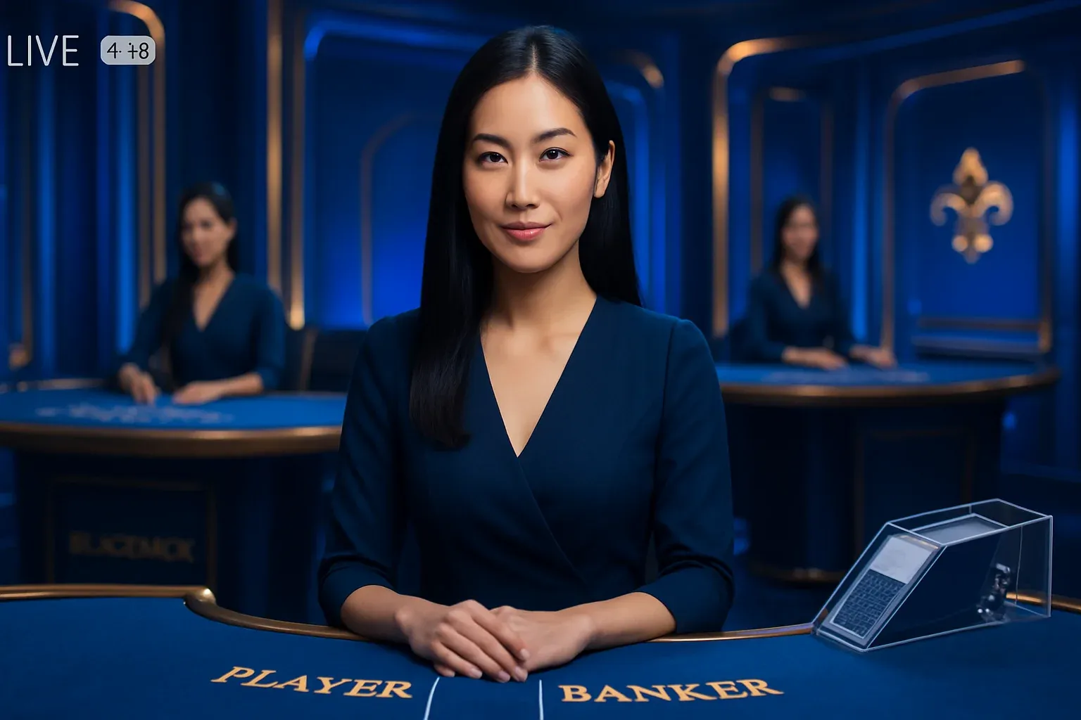 Elegant live casino studio with Asian dealers, baccarat and blackjack tables