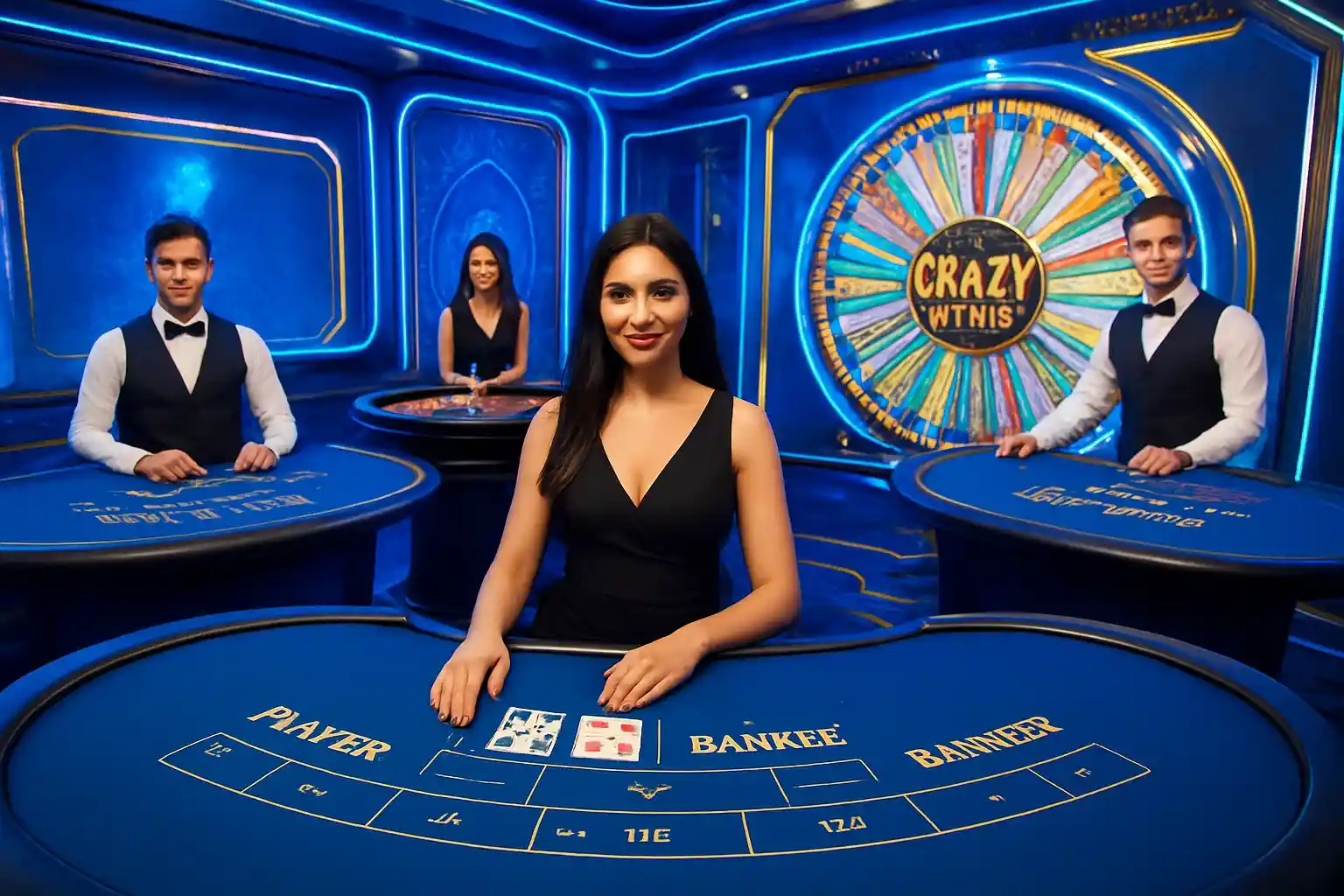 Live casino game cards with dealers, baccarat, roulette, Crazy Time wheel