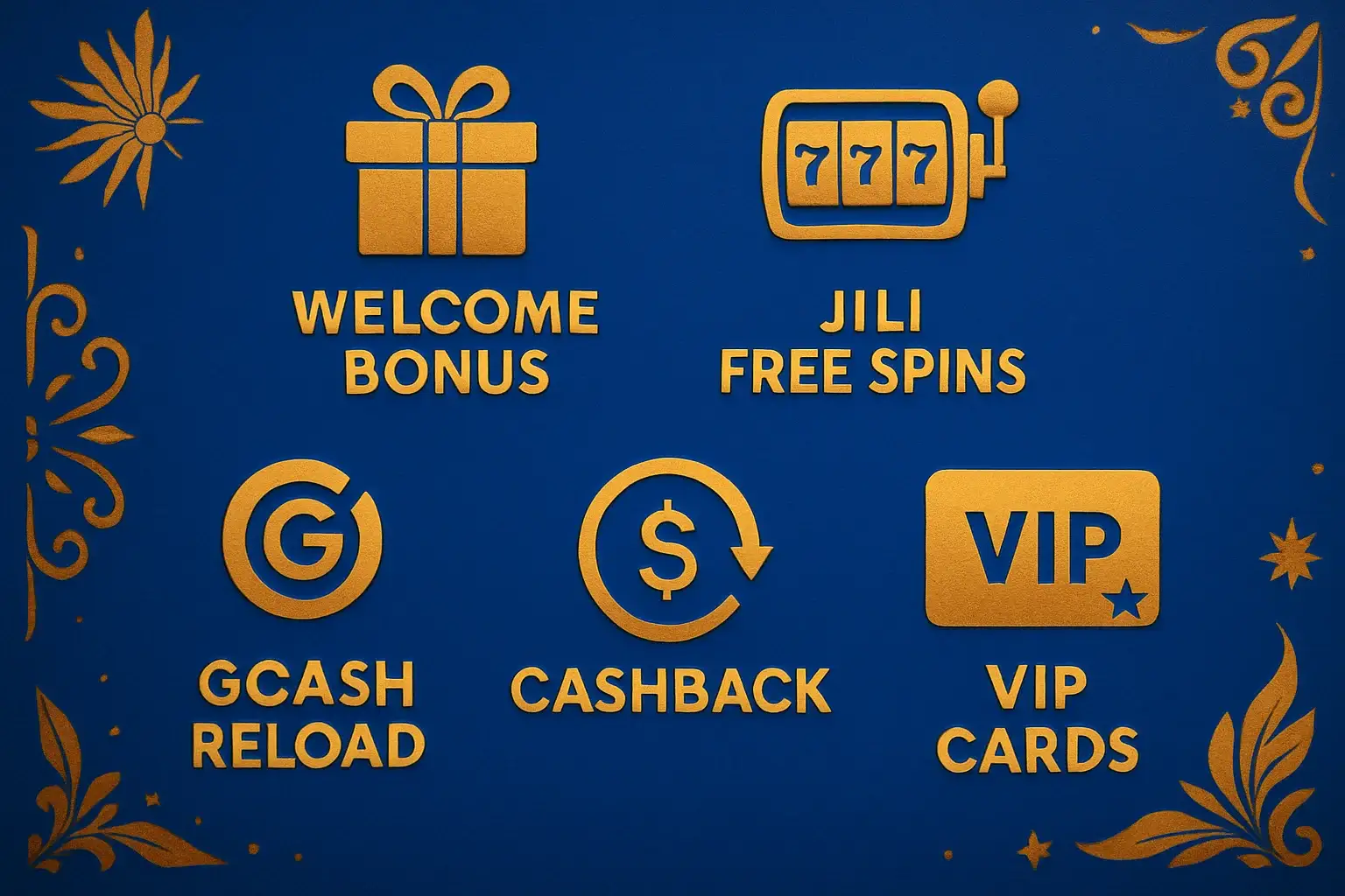 Welcome bonus, JILI free spins, GCash reload, cashback and VIP cards display
