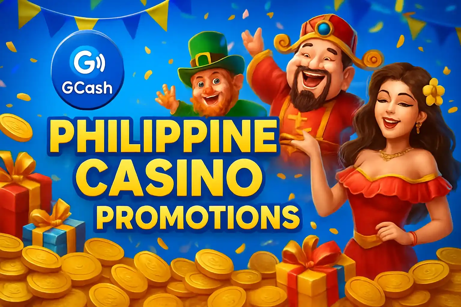 Philippine casino promotions banner with GCash badge, JILI characters, gold coins