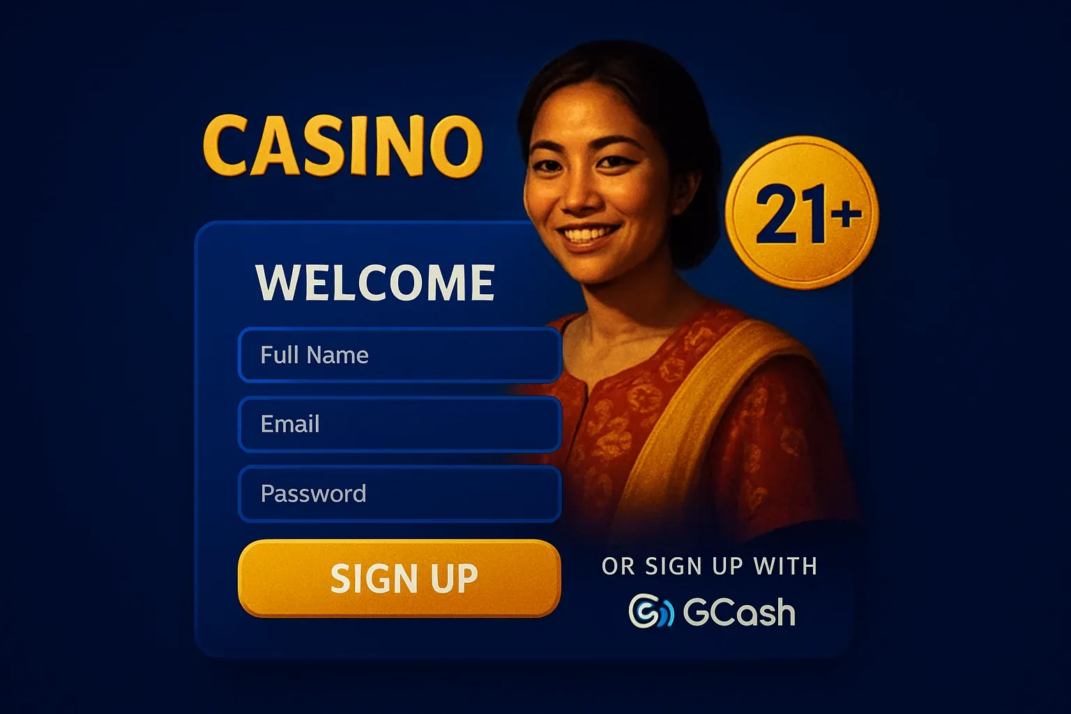 Philippine casino registration page illustration with GCash logo and gold 21+ badge