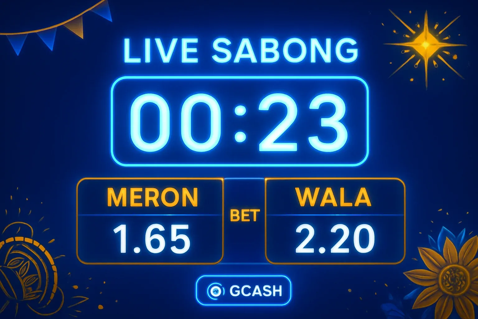 Live sabong countdown timer with Meron vs Wala betting panel and GCash badge