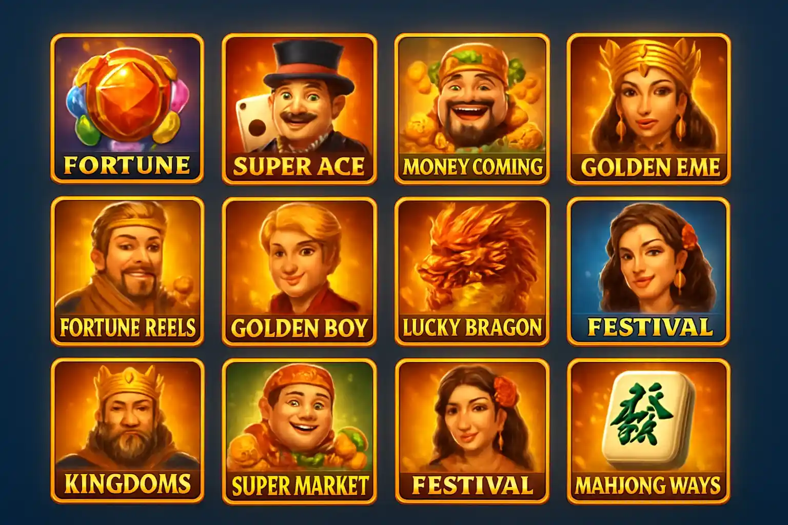 Grid of JILI and PG Soft slot game thumbnails on blue background