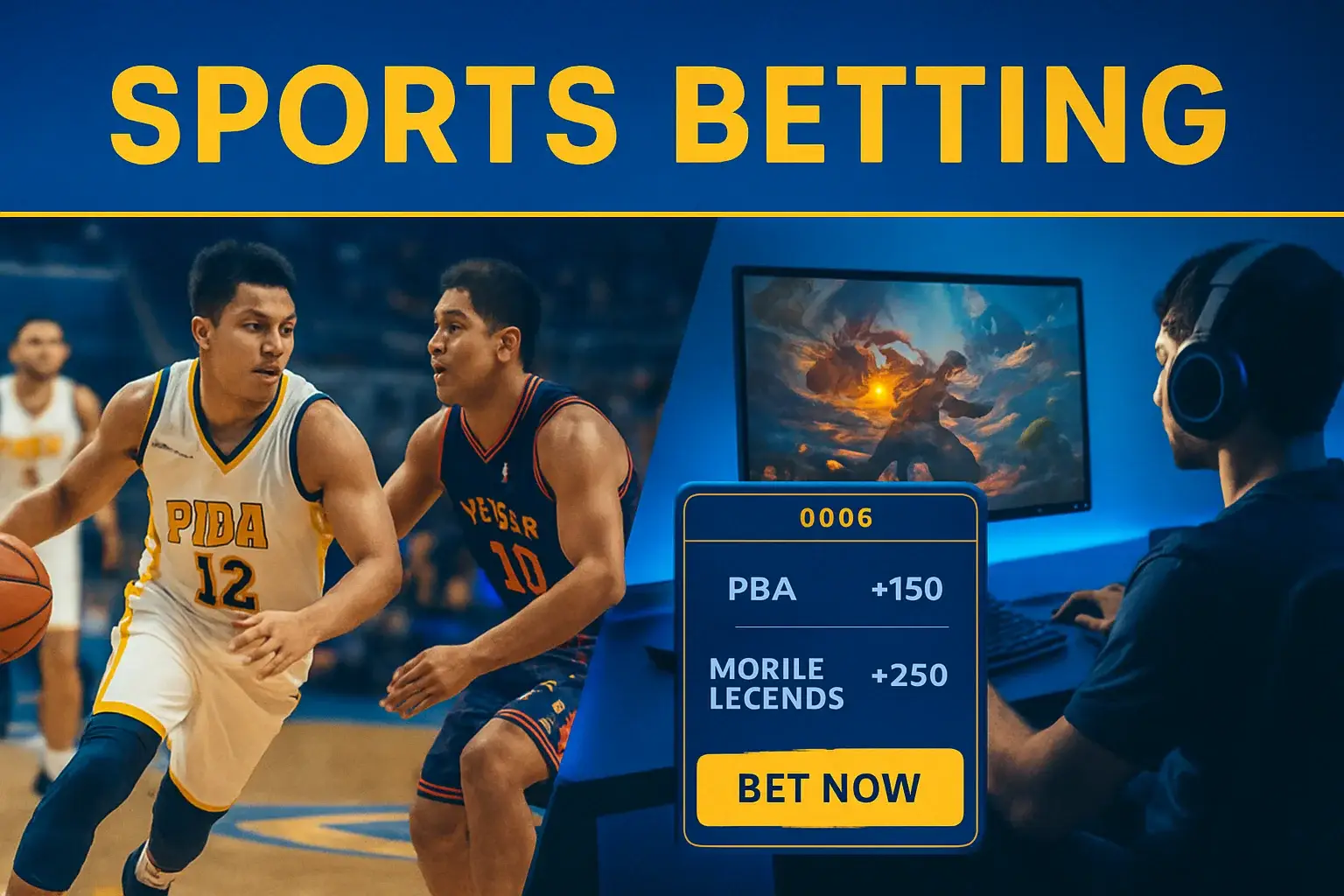 Dynamic Philippine sports betting banner with PBA action and Mobile Legends overlay